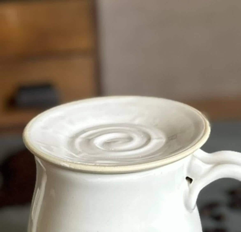 Handmade Stoneware Mug Warming Lid & Tea Strainer Drip Catch Plate | White Dove Glaze |