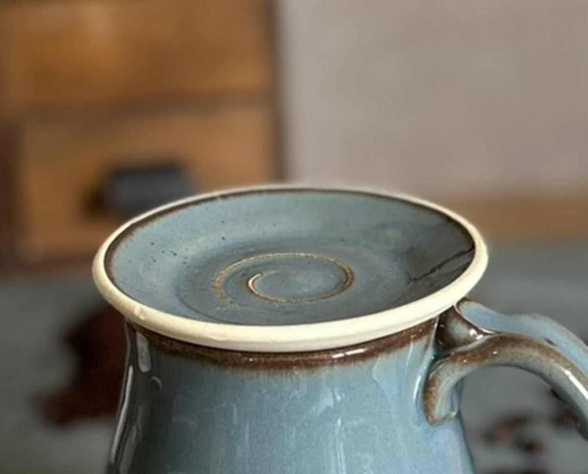 Handmade Stoneware Mug Warming Lid & Tea Strainer Drip Catch Plate | Linen Gray Glaze |