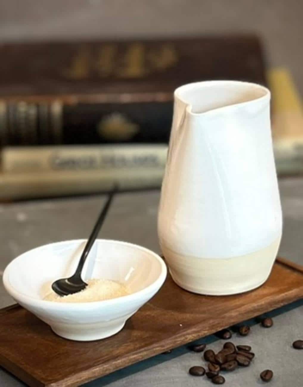 Handmade Stoneware Cream & Sugar SET | White Dove Artisan Stoneware Creamer, Sugar Bowl, Spoon and Tray | Pottery Coffee Bar Set