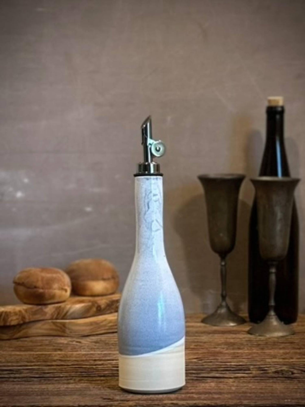 Handmade Ceramic Willow Olive Oil Dispenser | Linen Gray Stoneware Oil Pourer Bottle | Kitchen Counter Decor | Vinegar Cruet