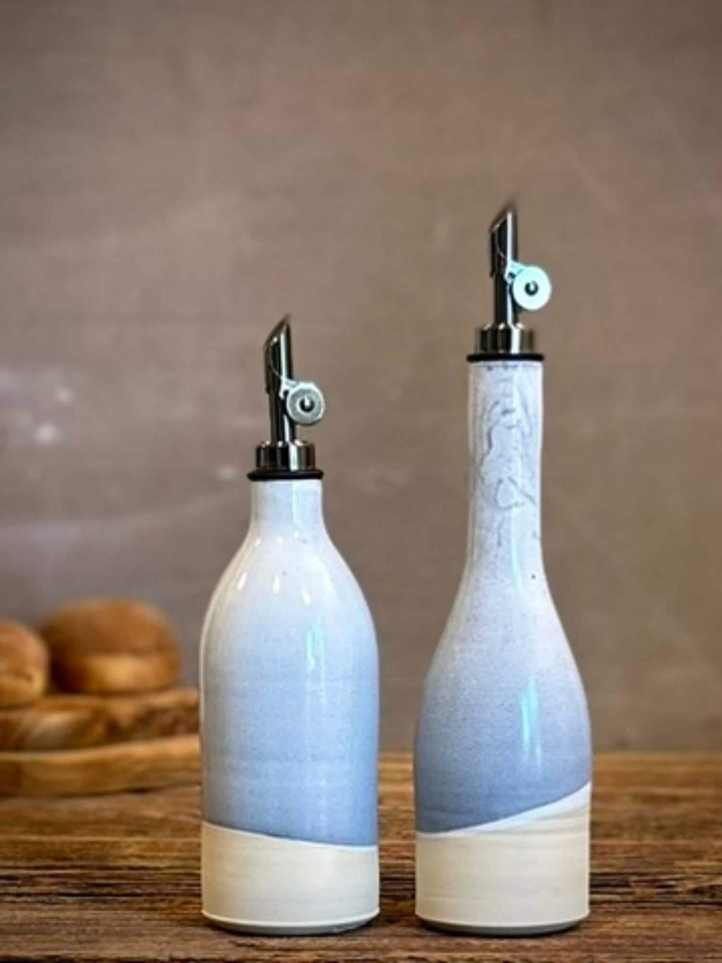 Handcrafted Ceramic Linen Gray Olive Oil & Vinegar Bottle Set | Stoneware Cruet Set | Farmhouse Kitchen Decor | Modern Oil Dispenser
