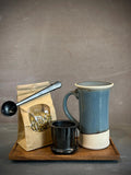 Handmade Loose Leaf Tea Gift Set | Ceramic Tall Mug with Lid, Stainless Steel Infuser, Tea Scoop & Acacia Tray | Riverdrift | Gift Basket