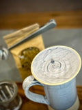Handmade Loose Leaf Tea Gift Set | Ceramic Tall Mug with Lid, Stainless Steel Infuser, Tea Scoop & Acacia Tray | Linen Gray | Gift Basket