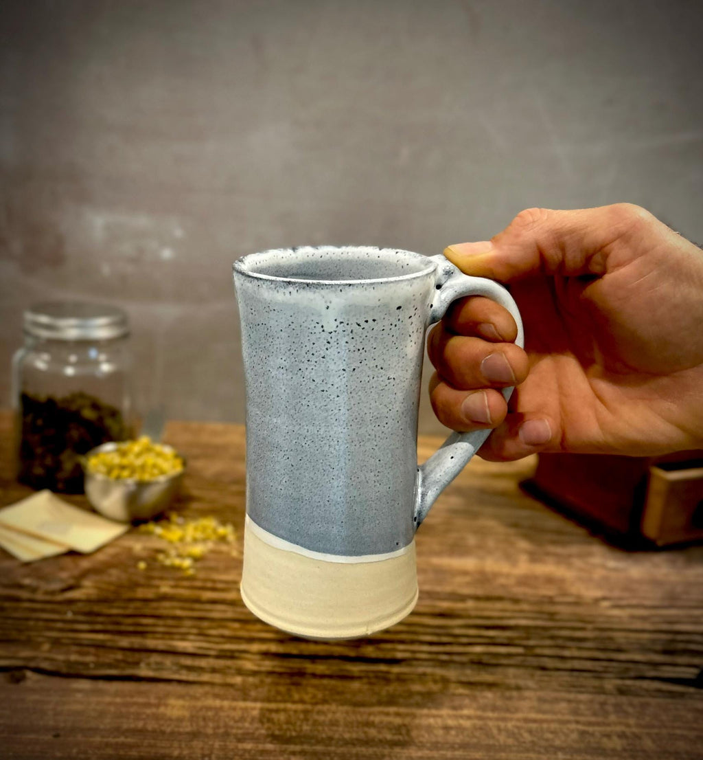 Handmade Loose Leaf Tea Gift Set | Ceramic Tall Mug with Lid, Stainless Steel Infuser, Tea Scoop & Acacia Tray | Linen Gray | Gift Basket