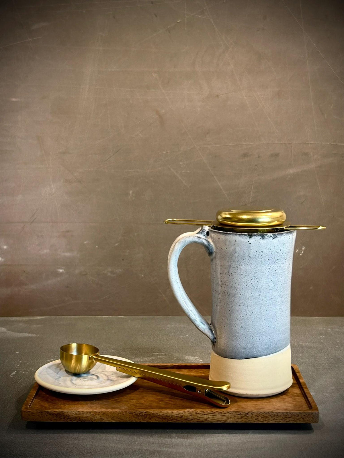 Handmade Loose Leaf Tea Gift Set | Ceramic Tall Mug with Lid, Stainless Steel Infuser, Tea Scoop & Acacia Tray | Linen Gray | Gift Basket