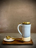 Handmade Loose Leaf Tea Gift Set | Ceramic Tall Mug with Lid, Stainless Steel Infuser, Tea Scoop & Acacia Tray | Linen Gray | Gift Basket
