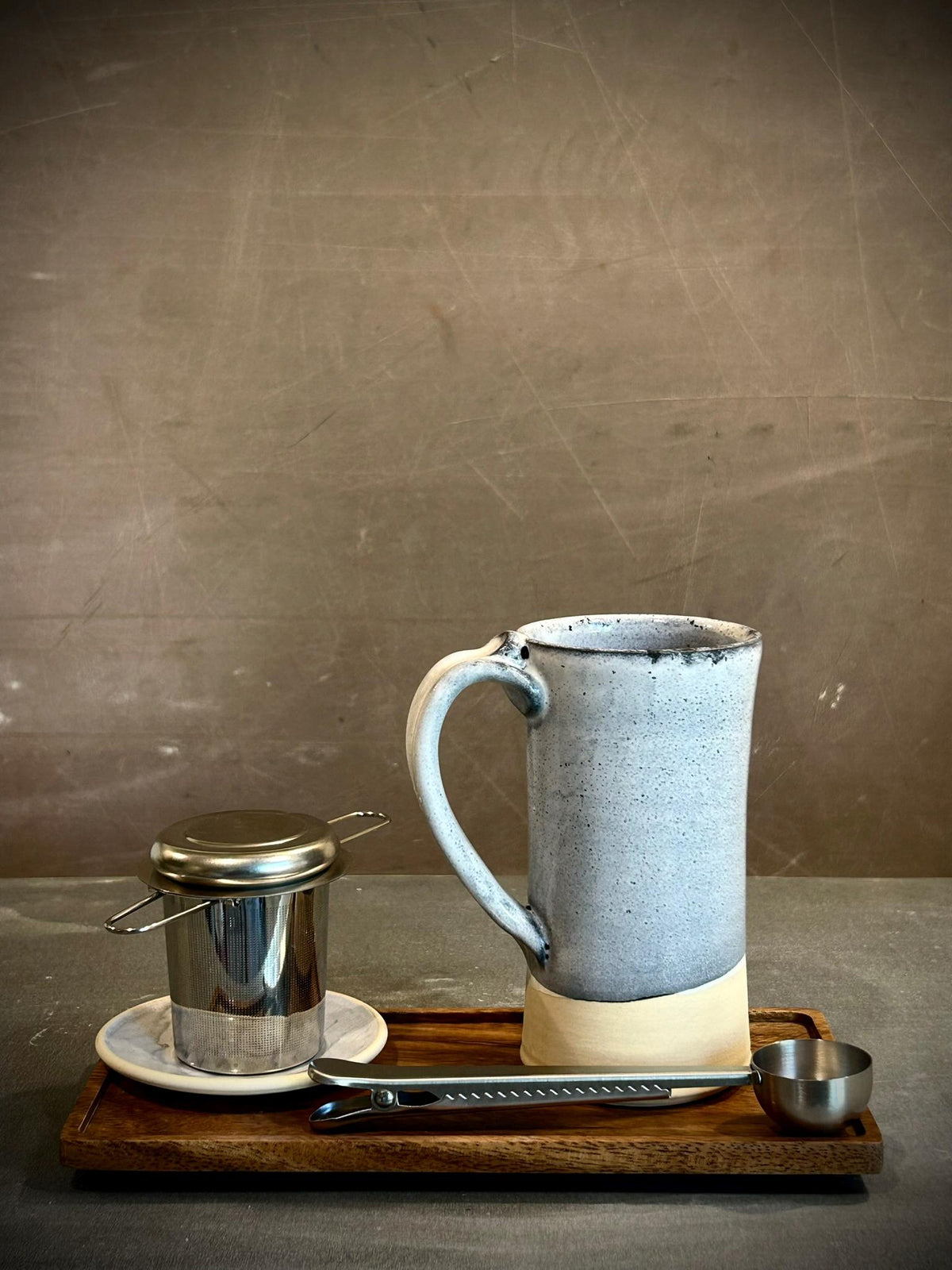 Handmade Loose Leaf Tea Gift Set | Ceramic Tall Mug with Lid, Stainless Steel Infuser, Tea Scoop & Acacia Tray | Linen Gray | Gift Basket