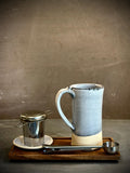 Handmade Loose Leaf Tea Gift Set | Ceramic Tall Mug with Lid, Stainless Steel Infuser, Tea Scoop & Acacia Tray | Linen Gray | Gift Basket