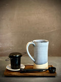 Handmade Loose Leaf Tea Gift Set | Ceramic Tall Mug with Lid, Stainless Steel Infuser, Tea Scoop & Acacia Tray | Linen Gray | Gift Basket