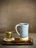 Handmade Loose Leaf Tea Gift Set | Ceramic Tall Mug with Lid, Stainless Steel Infuser, Tea Scoop & Acacia Tray | Linen Gray | Gift Basket