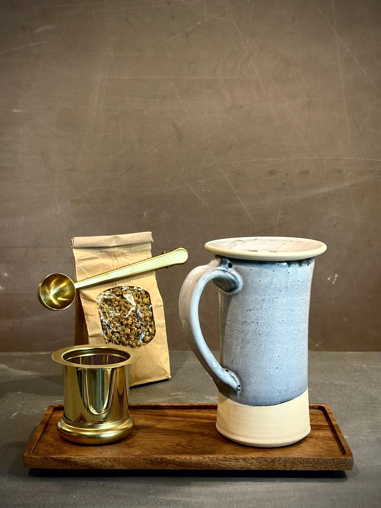 Handmade Loose Leaf Tea Gift Set | Ceramic Tall Mug with Lid, Stainless Steel Infuser, Tea Scoop & Acacia Tray | Linen Gray | Gift Basket