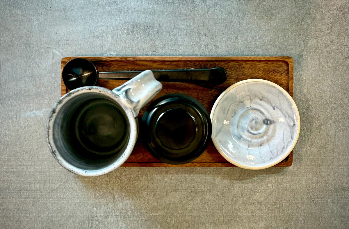 Handmade Loose Leaf Tea Gift Set | Ceramic Tall Mug with Lid, Stainless Steel Infuser, Tea Scoop & Acacia Tray | Linen Gray | Gift Basket