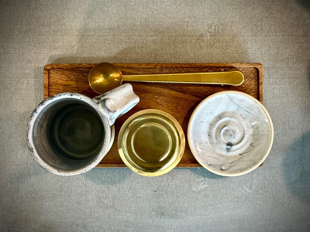 Handmade Loose Leaf Tea Gift Set | Ceramic Tall Mug with Lid, Stainless Steel Infuser, Tea Scoop & Acacia Tray | Linen Gray | Gift Basket
