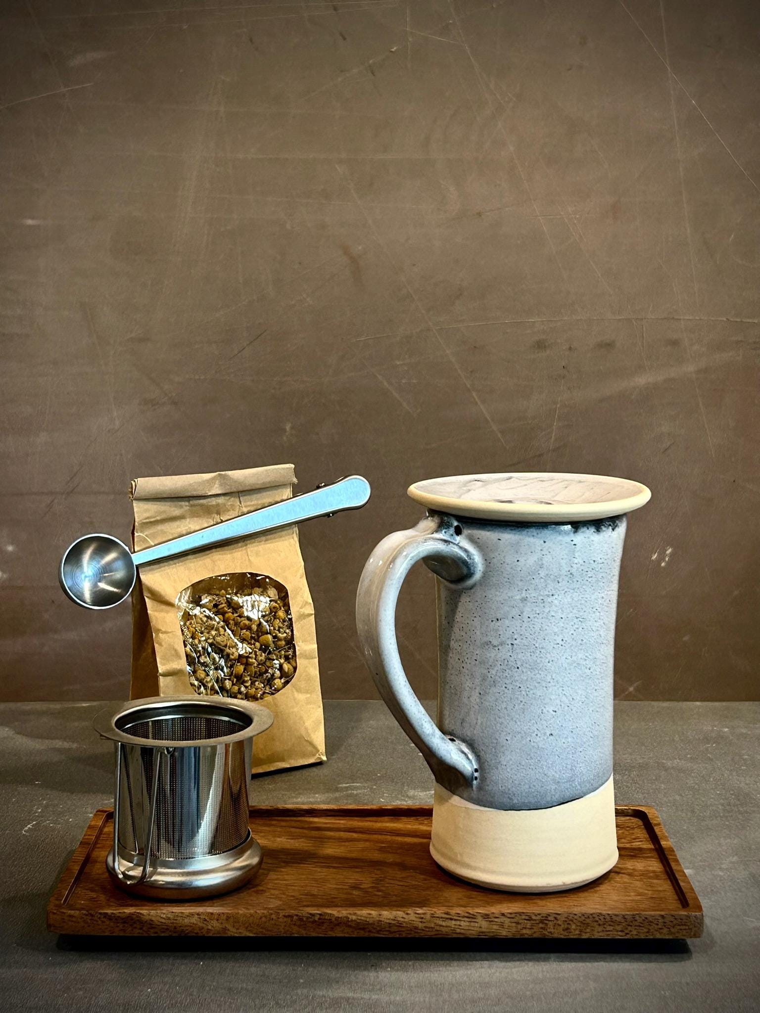 Handmade Loose Leaf Tea Gift Set | Ceramic Tall Mug with Lid, Stainless Steel Infuser, Tea Scoop & Acacia Tray | Linen Gray | Gift Basket
