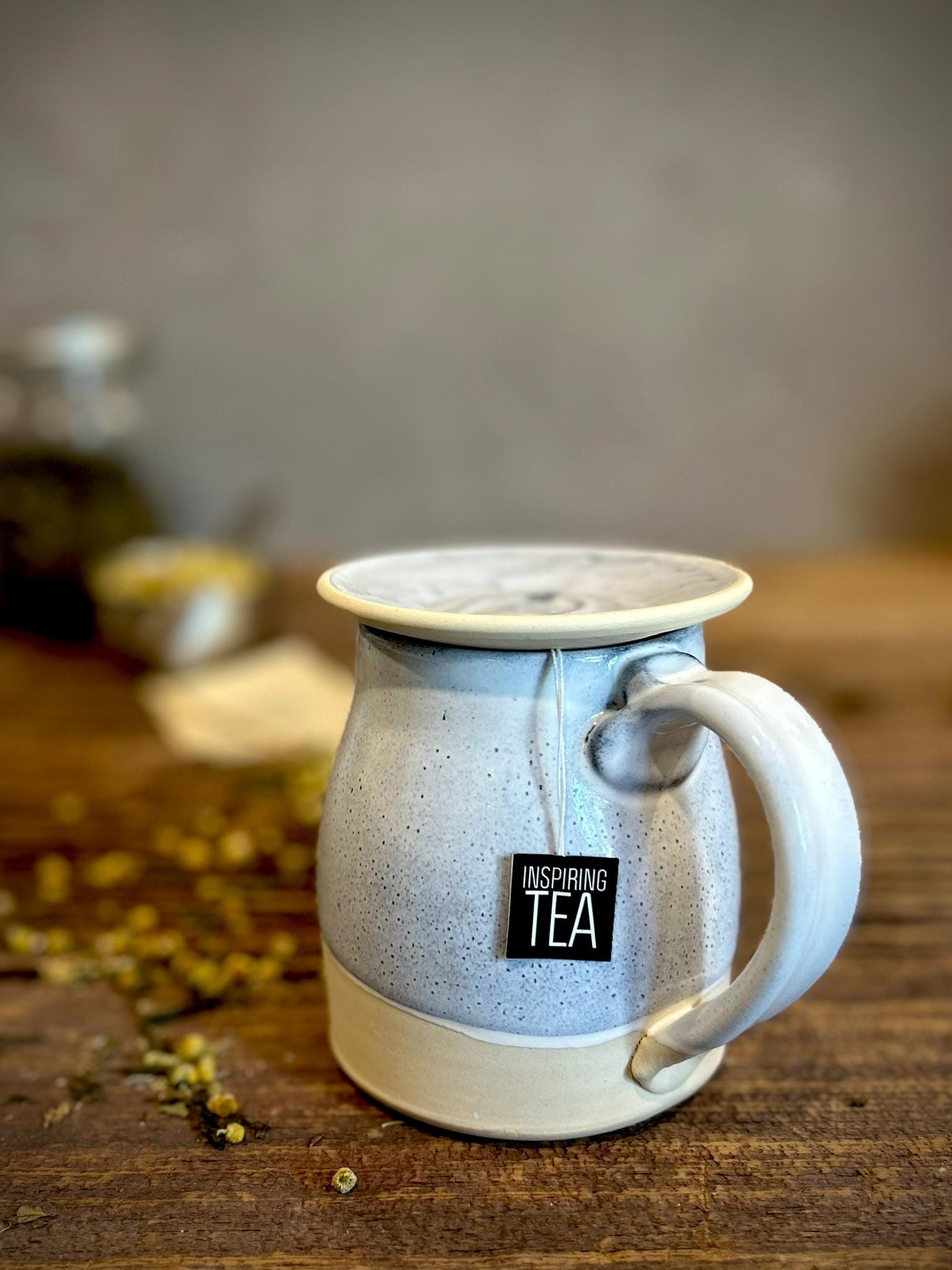 Handmade Ceramic Bell Mug with Multi-Use Lid Set | Linen Gray | Pottery Coffee Cup | Wheel Thrown