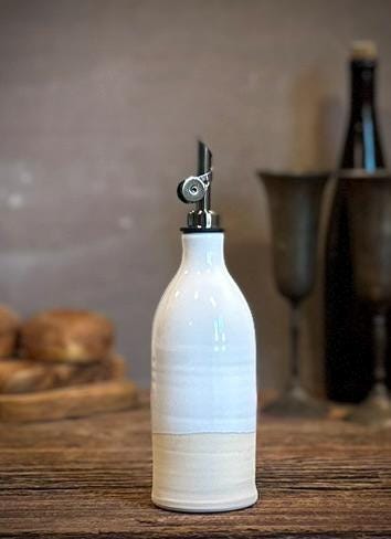 Handcrafted Ceramic White Dove Olive Oil & Vinegar Bottle Set | Stoneware Cruet Set | Farmhouse Kitchen Decor | Modern Oil Dispenser