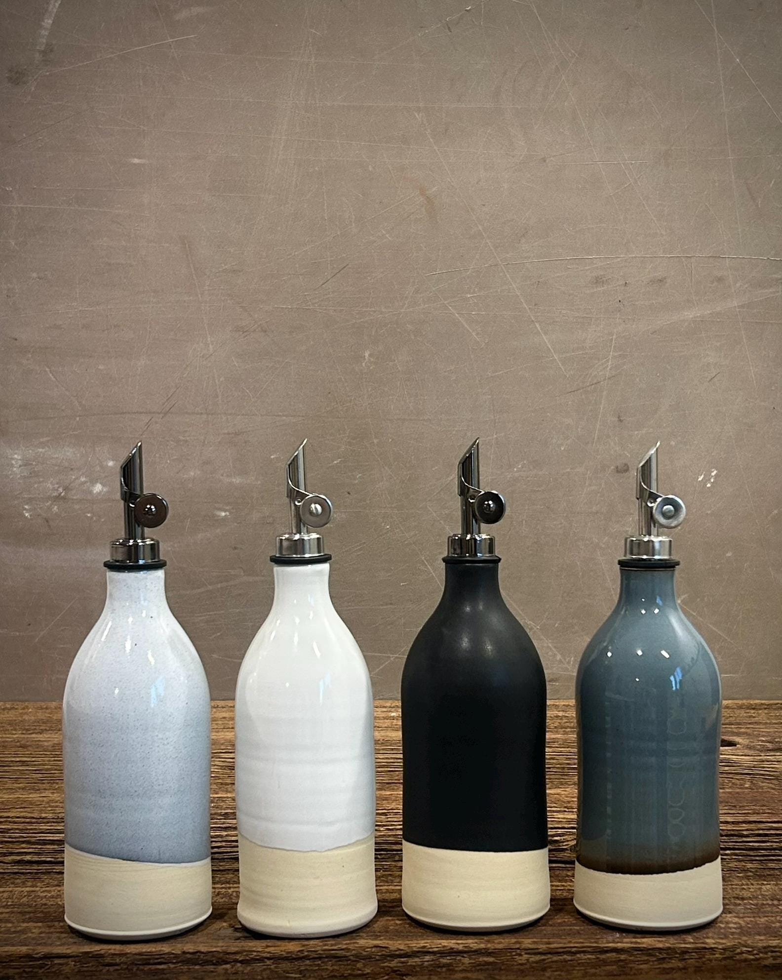 Handcrafted Ceramic White Dove Olive Oil & Vinegar Bottle Set | Stoneware Cruet Set | Farmhouse Kitchen Decor | Modern Oil Dispenser