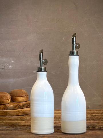 Handcrafted Ceramic White Dove Olive Oil & Vinegar Bottle Set | Stoneware Cruet Set | Farmhouse Kitchen Decor | Modern Oil Dispenser