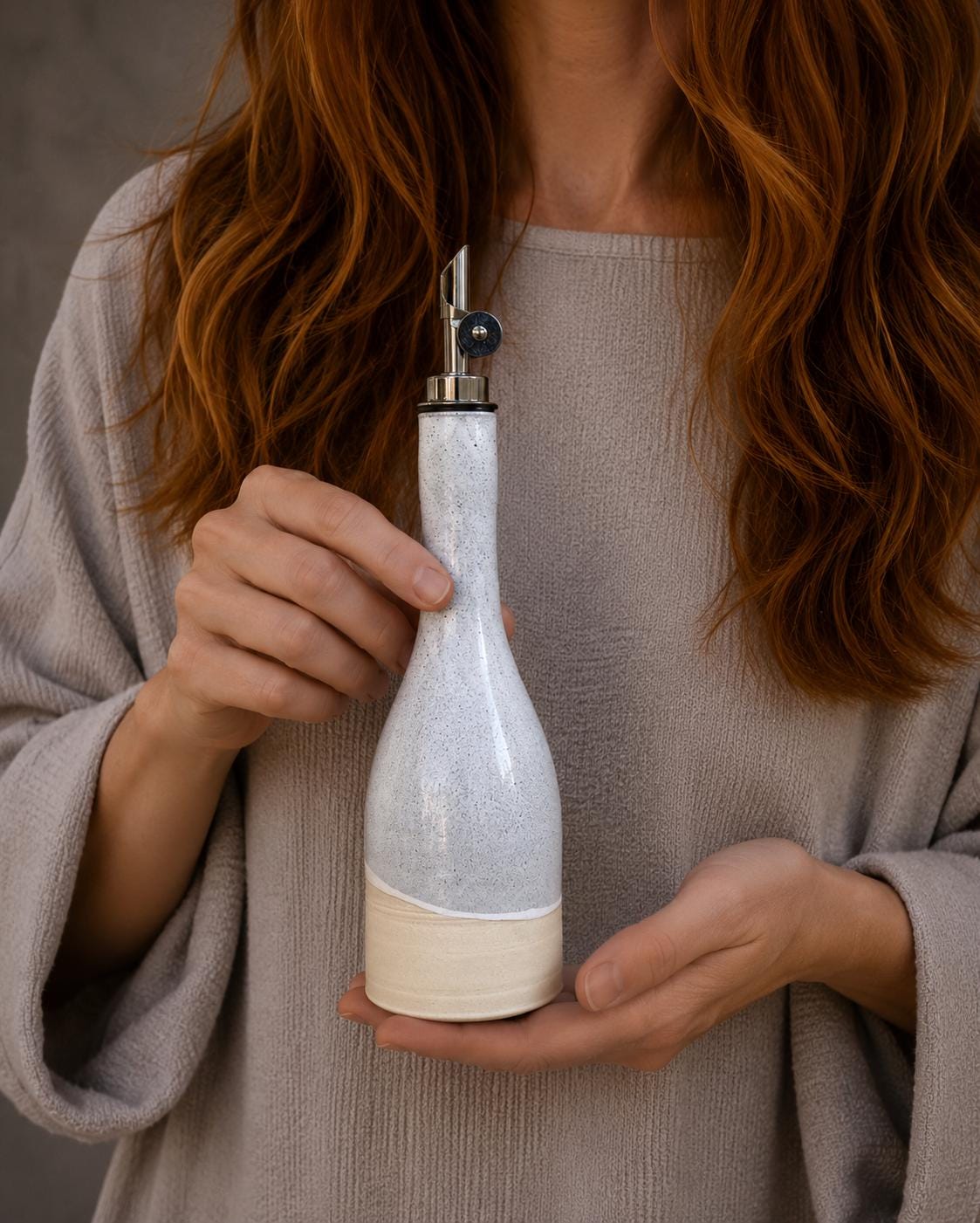 Handcrafted Ceramic Linen Gray Olive Oil & Vinegar Bottle Set | Stoneware Cruet Set | Farmhouse Kitchen Decor | Modern Oil Dispenser