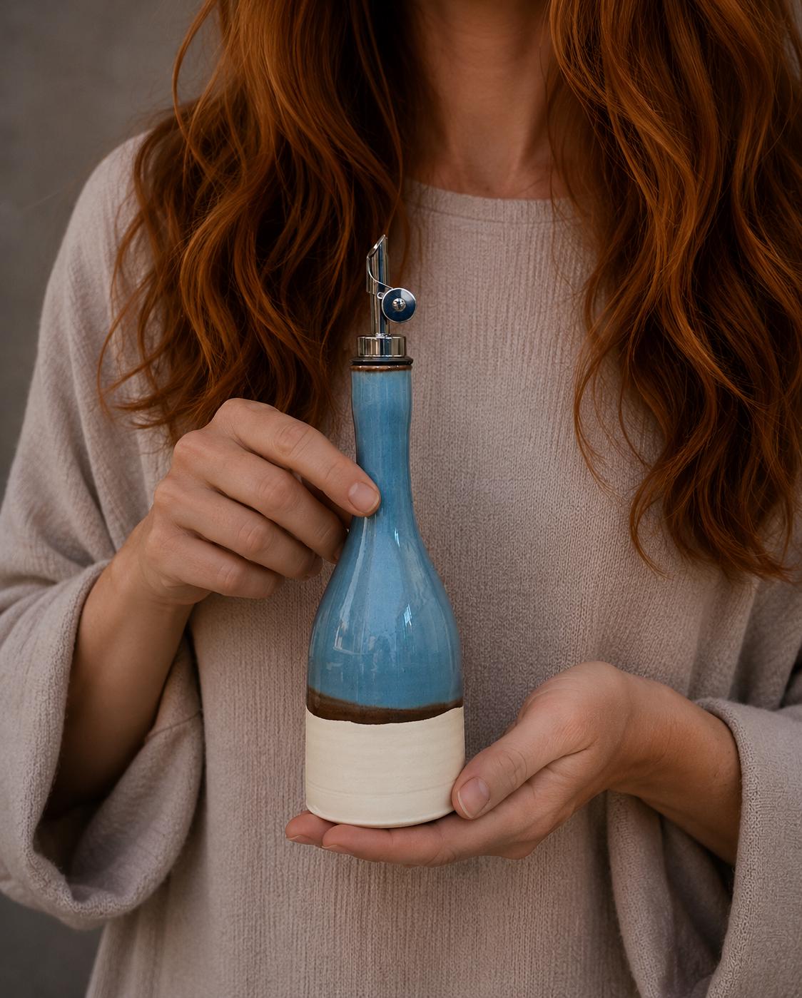 Handcrafted Ceramic RiverDrift Olive Oil & Vinegar Bottle Set | Stoneware Cruet Set | Farmhouse Kitchen Decor | Modern Oil Dispenser