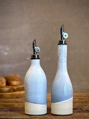 Handmade Ceramic Classic Olive Oil Dispenser | Linen Gray Stoneware Oil Pourer Bottle | Kitchen Counter Decor | Vinegar Cruet