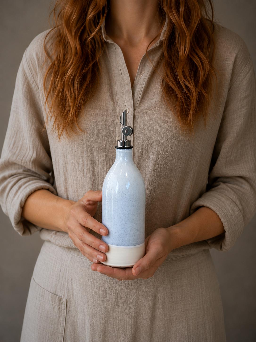 Handmade Ceramic Classic Olive Oil Dispenser | Linen Gray Stoneware Oil Pourer Bottle | Kitchen Counter Decor | Vinegar Cruet