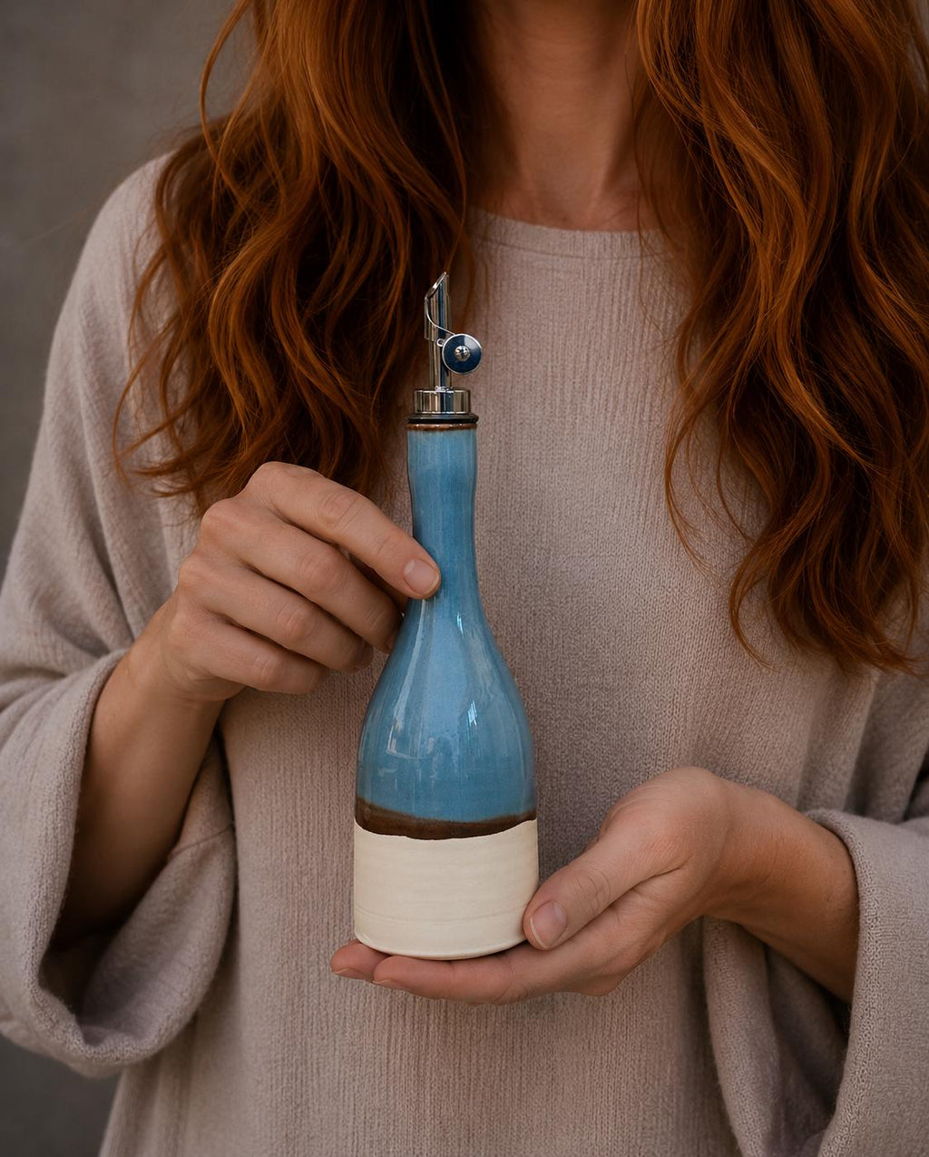 Handmade Ceramic Willow Olive Oil Dispenser | Riverdrift Stoneware Oil Pourer Bottle | Kitchen Counter Decor | Vinegar Cruet