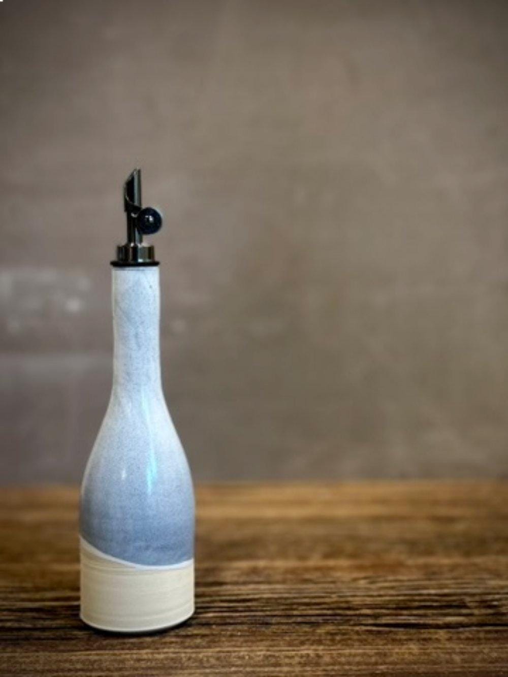 Handmade Ceramic Willow Olive Oil Dispenser | Linen Gray Stoneware Oil Pourer Bottle | Kitchen Counter Decor | Vinegar Cruet