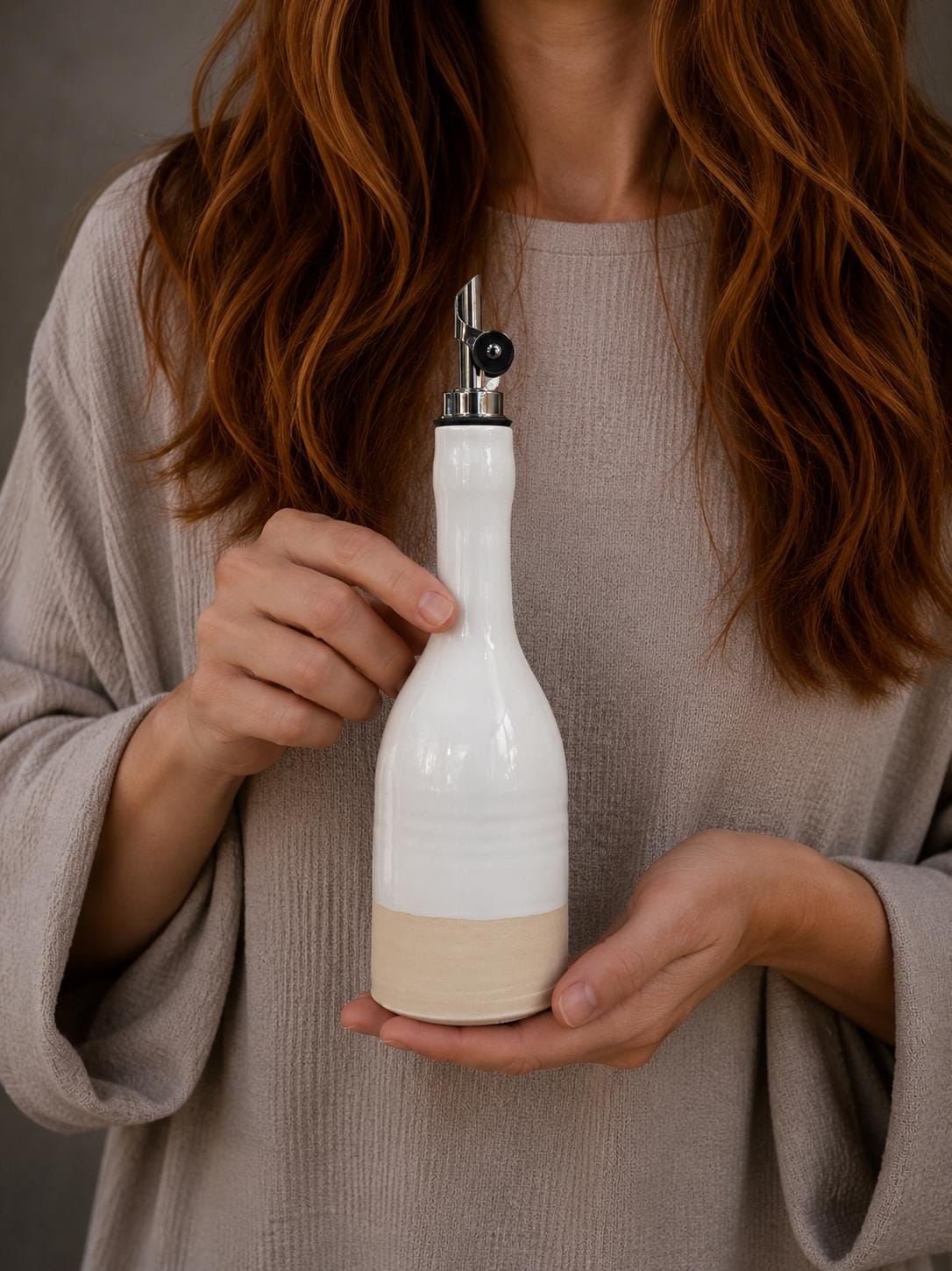 Handmade Ceramic Willow Olive Oil Dispenser | White Dove Stoneware Oil Pourer Bottle | Kitchen Counter Decor | Vinegar Cruet