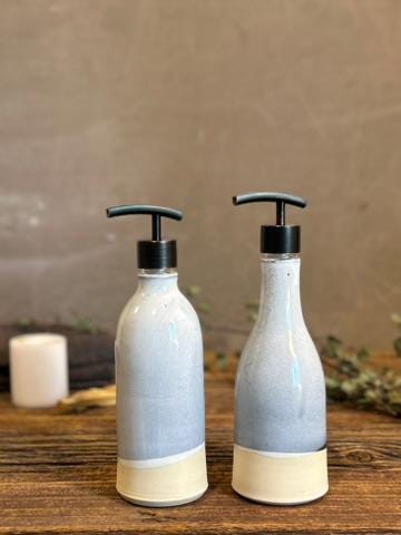 Handmade Ceramic Soap Dispenser SET of 2 | Linen Gray Customizable Bathroom Set | Kitchen Soap & Lotion Dispenser | Refillable Pottery Pump