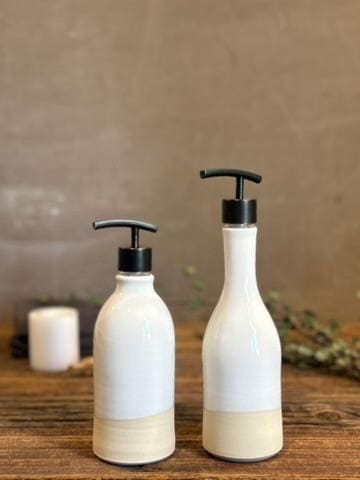 Handmade Ceramic Soap Dispenser SET of 2 | White Dove Customizable Bathroom Set | Kitchen Soap & Lotion Dispenser | Refillable Pottery Pump