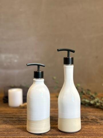 Handmade Ceramic Soap Dispenser SET of 2 | White Dove Customizable Bathroom Set | Kitchen Soap & Lotion Dispenser | Refillable Pottery Pump