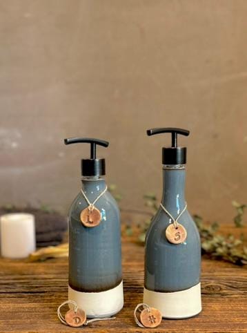 Handmade Ceramic Soap Dispenser Set of 2 | Rverdrift Blue Customizable Bathroom Set | Kitchen Soap & Lotion | Refillable Pottery Pump