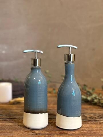 Handmade Ceramic Soap Dispenser Set of 2 | Rverdrift Blue Customizable Bathroom Set | Kitchen Soap & Lotion | Refillable Pottery Pump