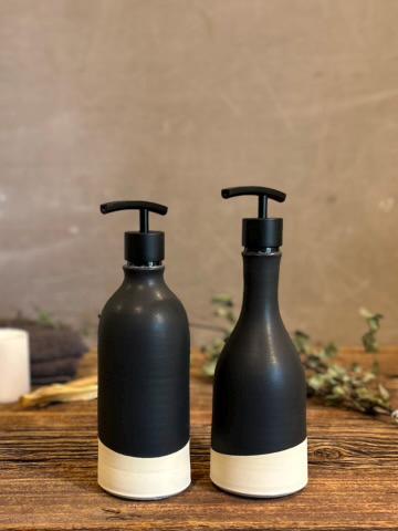 Handmade Ceramic Soap Dispenser SET of 2 | Blackstone Customizable Bathroom Set | Kitchen Soap & Lotion Dispenser | Refillable Pottery Pump