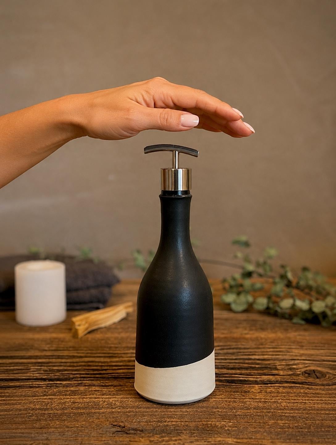 Handmade Ceramic Soap Dispenser SET of 2 | Blackstone Customizable Bathroom Set | Kitchen Soap & Lotion Dispenser | Refillable Pottery Pump