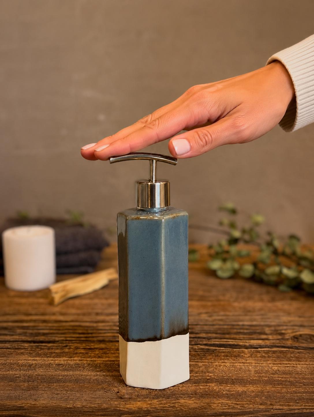 Handmade Ceramic Soap Dispenser | Faceted Stoneware Soap Pump | Riverdrift Blue Refillable Soap Dispenser | Kitchen & Bathroom Decor