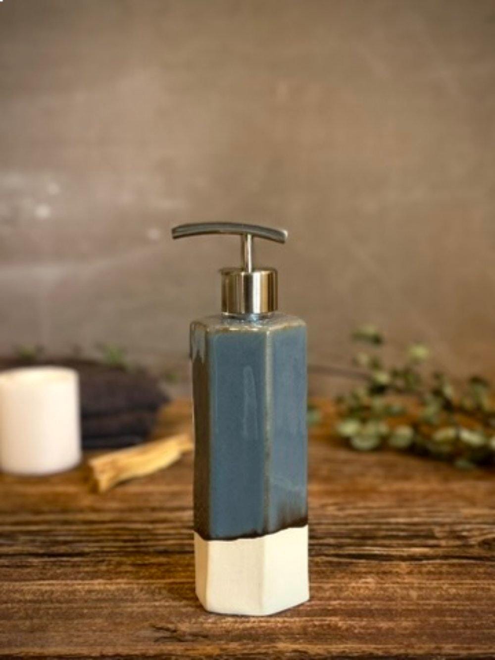 Handmade Ceramic Soap Dispenser | Faceted Stoneware Soap Pump | Riverdrift Blue Refillable Soap Dispenser | Kitchen & Bathroom Decor