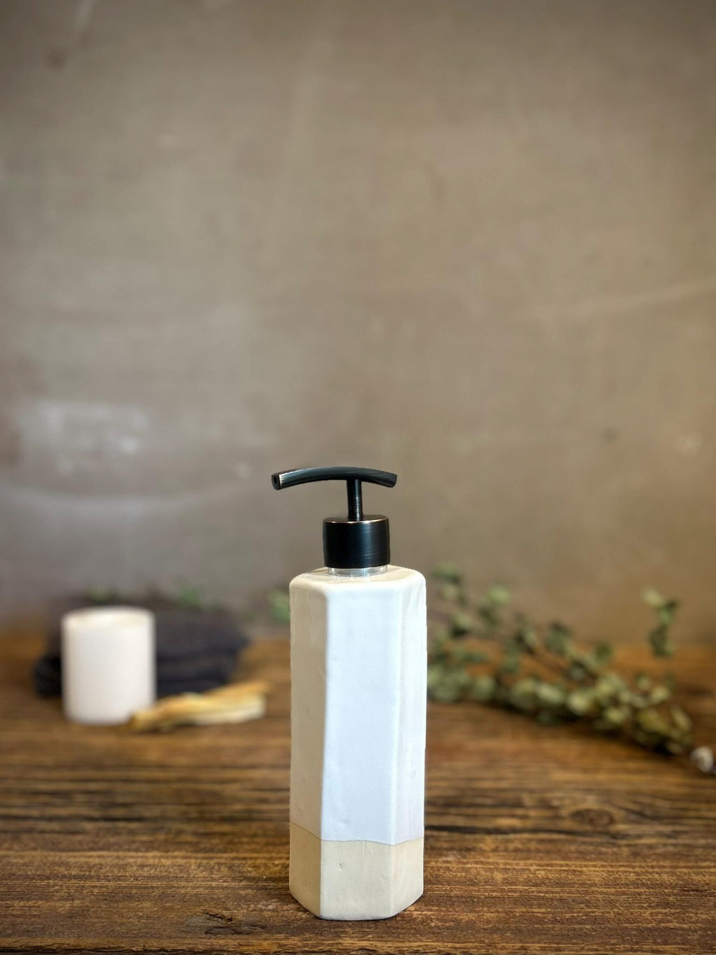 Handmade Ceramic Soap Dispenser | Faceted Stoneware Soap Pump | White Dove Refillable Soap Dispenser | Kitchen & Bathroom Decor