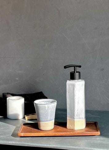 Handmade Ceramic Soap Dispenser | Faceted Stoneware Soap Pump | Linen Gray Refillable Soap Dispenser | Kitchen & Bathroom Decor