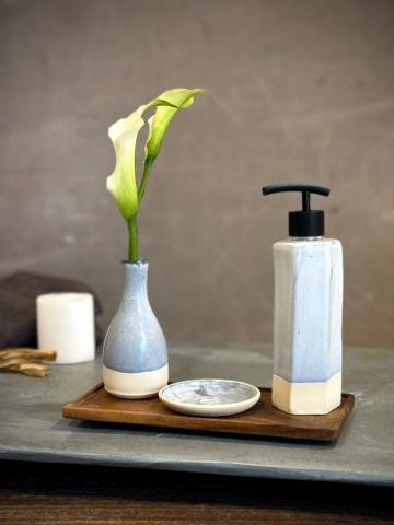 Handmade Ceramic Soap Dispenser | Faceted Stoneware Soap Pump | Linen Gray Refillable Soap Dispenser | Kitchen & Bathroom Decor