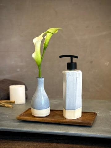 Handmade Ceramic Soap Dispenser | Faceted Stoneware Soap Pump | Linen Gray Refillable Soap Dispenser | Kitchen & Bathroom Decor