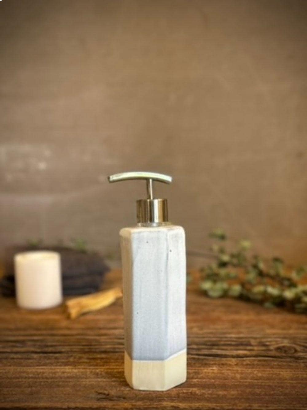 Handmade Ceramic Soap Dispenser | Faceted Stoneware Soap Pump | Linen Gray Refillable Soap Dispenser | Kitchen & Bathroom Decor