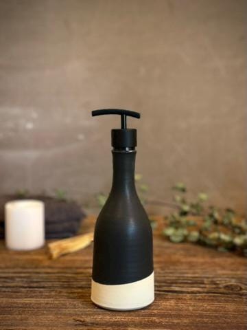 Handmade Ceramic Willow Soap Dispenser | Blackstone Stoneware Soap Pump Refillable Bathroom & Kitchen Pump | Modern Farmhouse Decor
