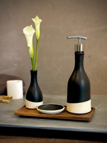 Handmade Ceramic Willow Soap Dispenser | Blackstone Stoneware Soap Pump Refillable Bathroom & Kitchen Pump | Modern Farmhouse Decor