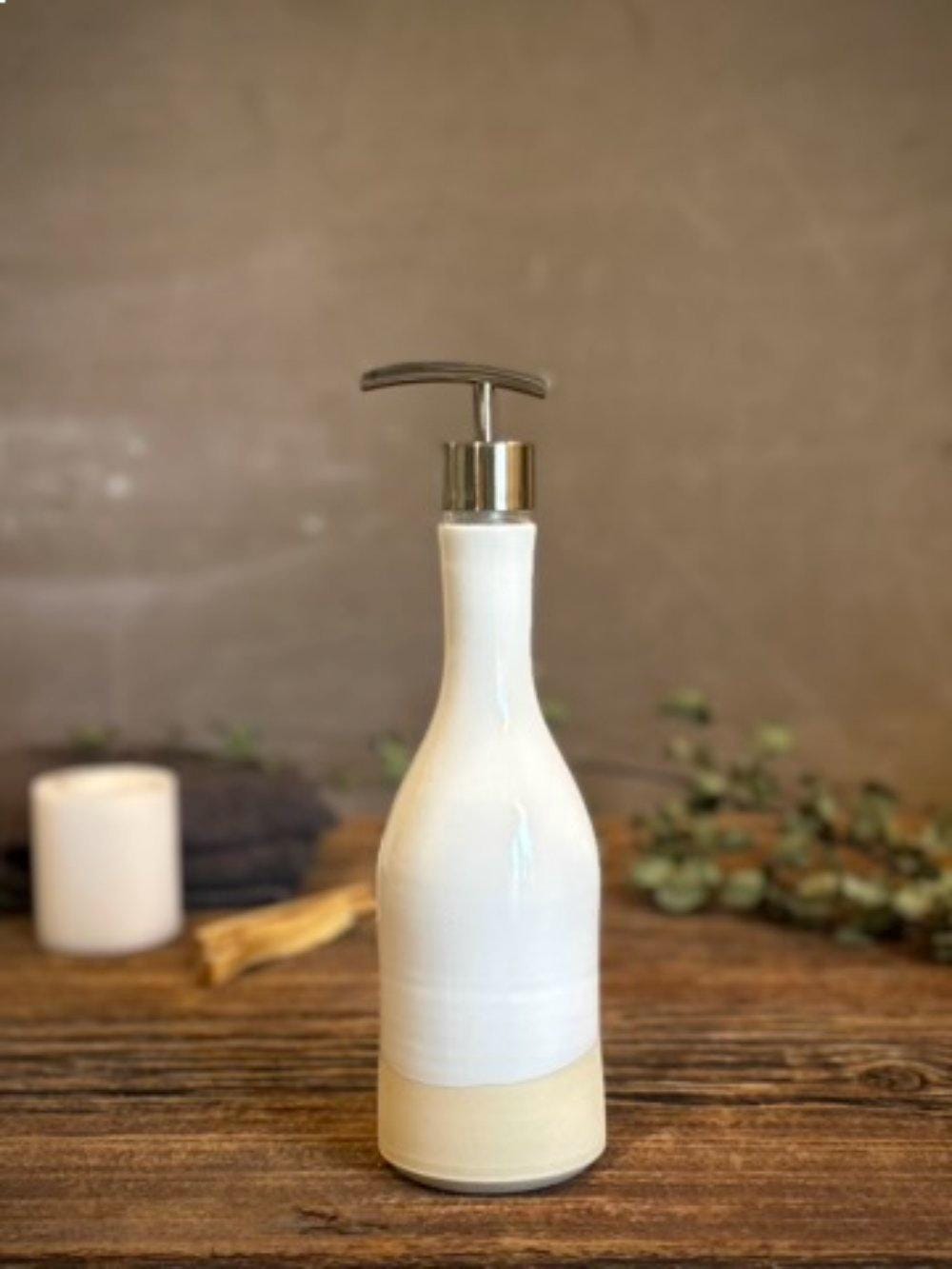 Handmade Ceramic Willow Soap Dispenser | White Dove Stoneware Soap Pump | Refillable Bathroom & Kitchen Pump Modern Farmhouse Decor