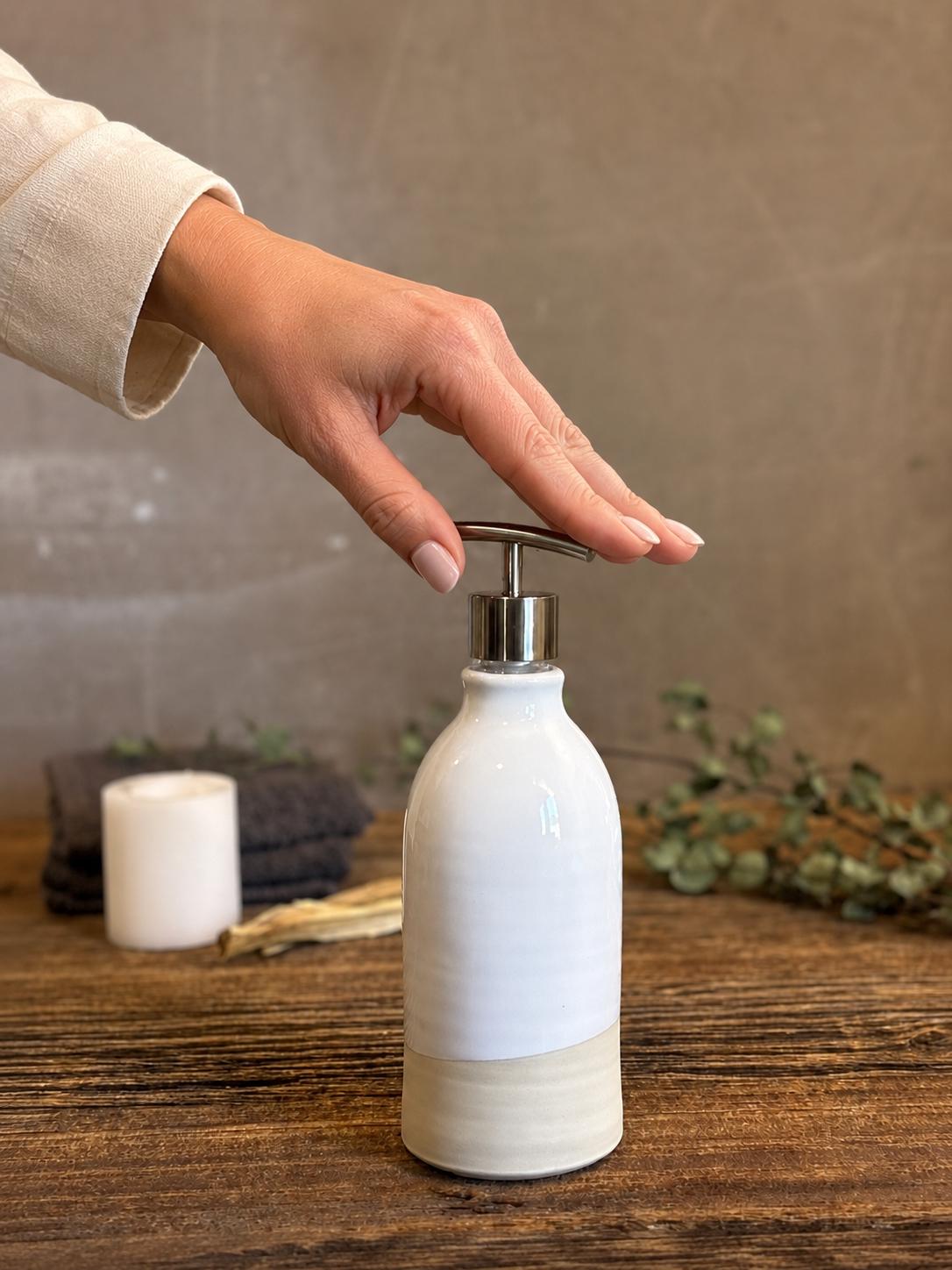 Handmade Ceramic Classic Soap Dispenser | White Dove Stoneware Soap Pump | Refillable Bathroom & Kitchen Pump | Modern Farmhouse Decor