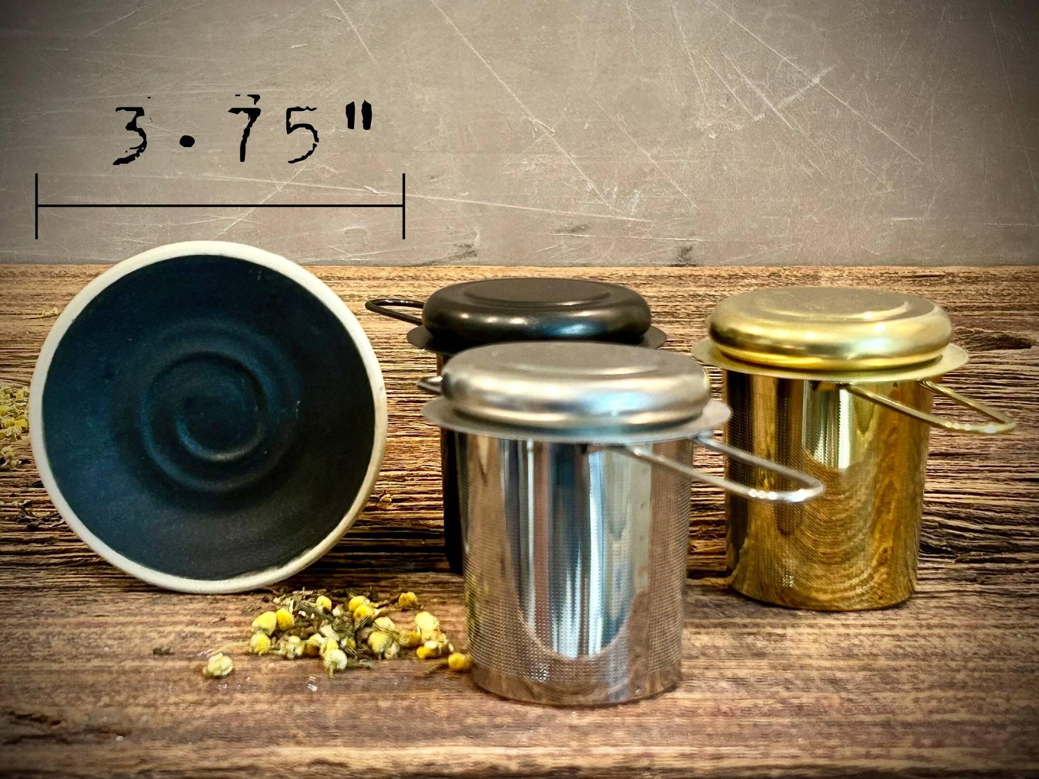 Handmade Stoneware Mug Warming Lid & Tea Strainer Drip Catch Plate | Blackstone Glaze |