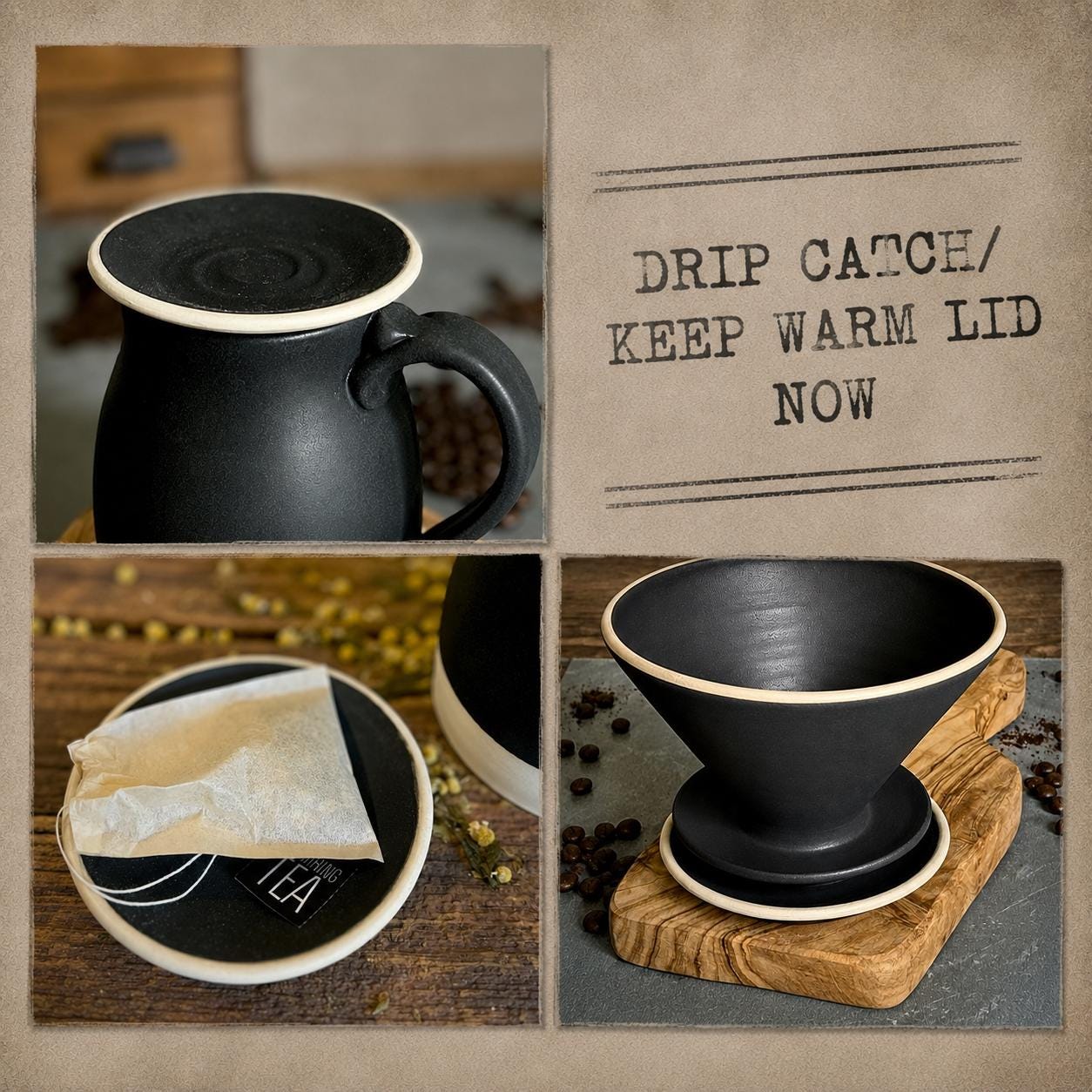 Handmade Stoneware Mug Warming Lid & Tea Strainer Drip Catch Plate | Blackstone Glaze |