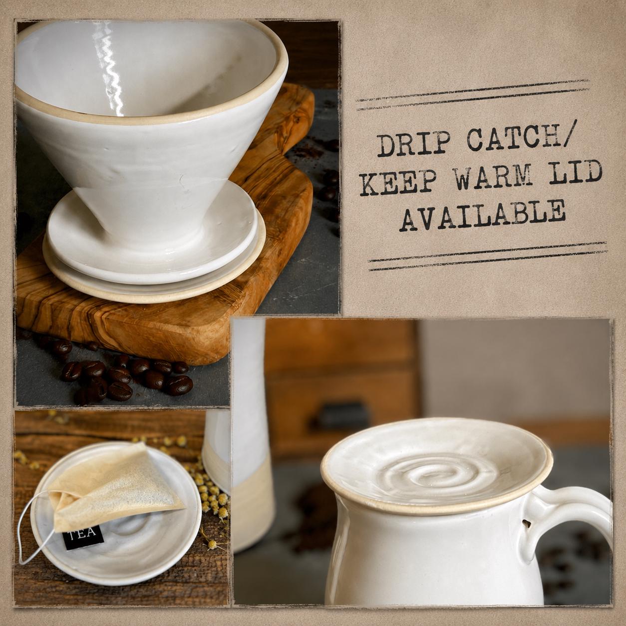 Handmade Stoneware Mug Warming Lid & Tea Strainer Drip Catch Plate | White Dove Glaze |